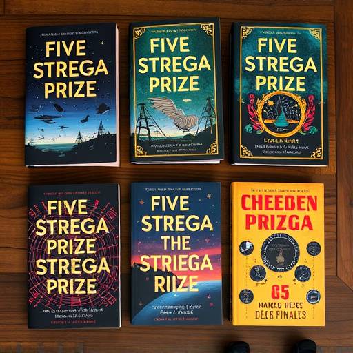 Copertine dei cinque libri finalisti del Premio Strega 2025 disposte su un tavolo.