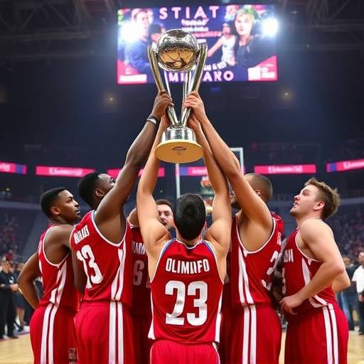 Giocatori dell'Olimpia Milano che alzano il trofeo dello scudetto