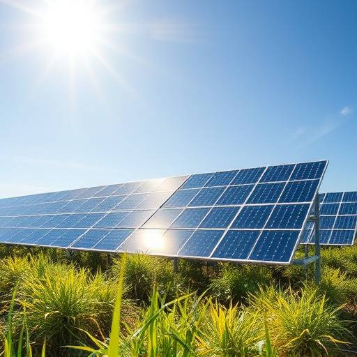 Un campo di pannelli solari riflette la luce del sole.