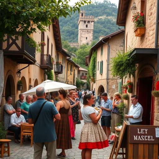 Una festa di paese in un borgo medievale italiano, con gente che balla e mangia